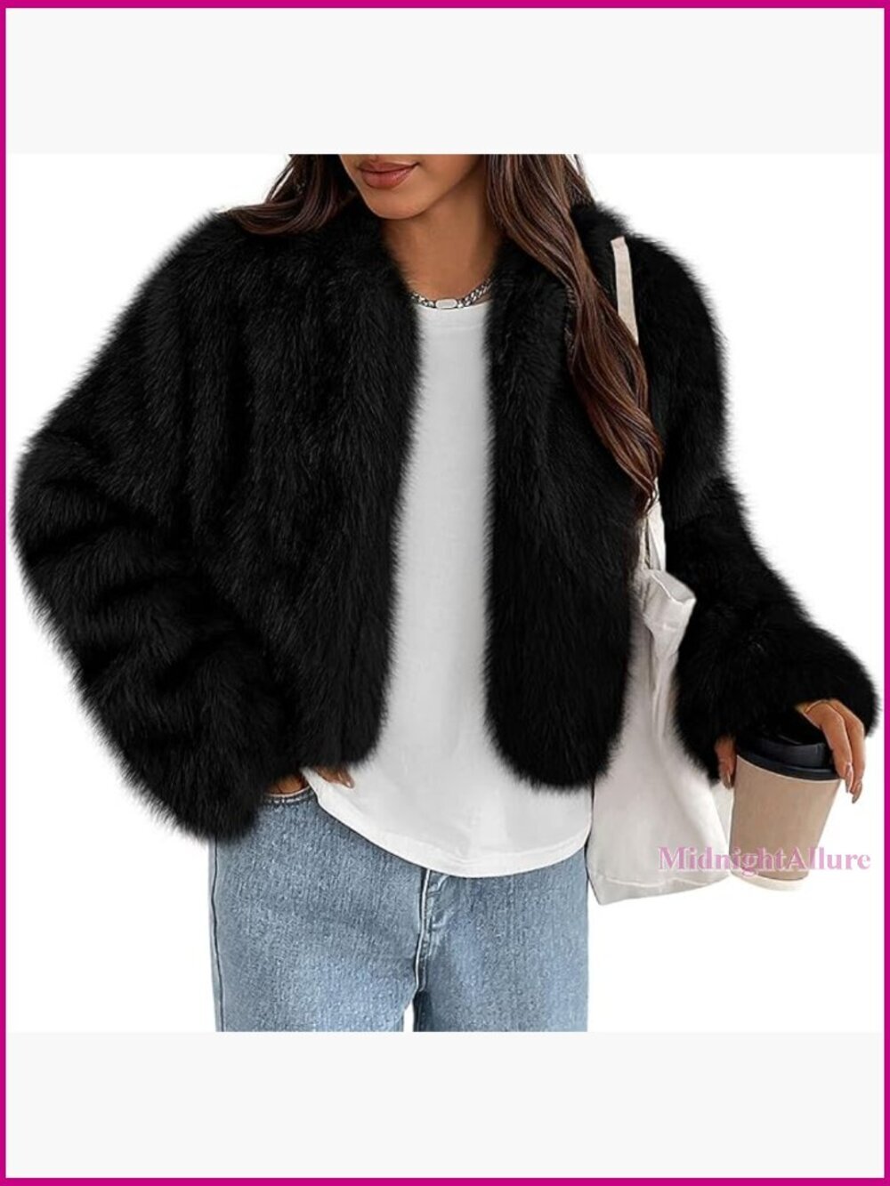 Fluffy Cropped Faux Fur Jacket Open Front Long Sleeve Winter Coat